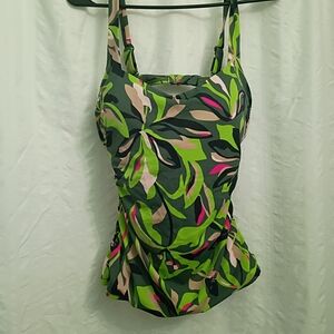 Athleta Green and Pink Leaf Print Swimwear